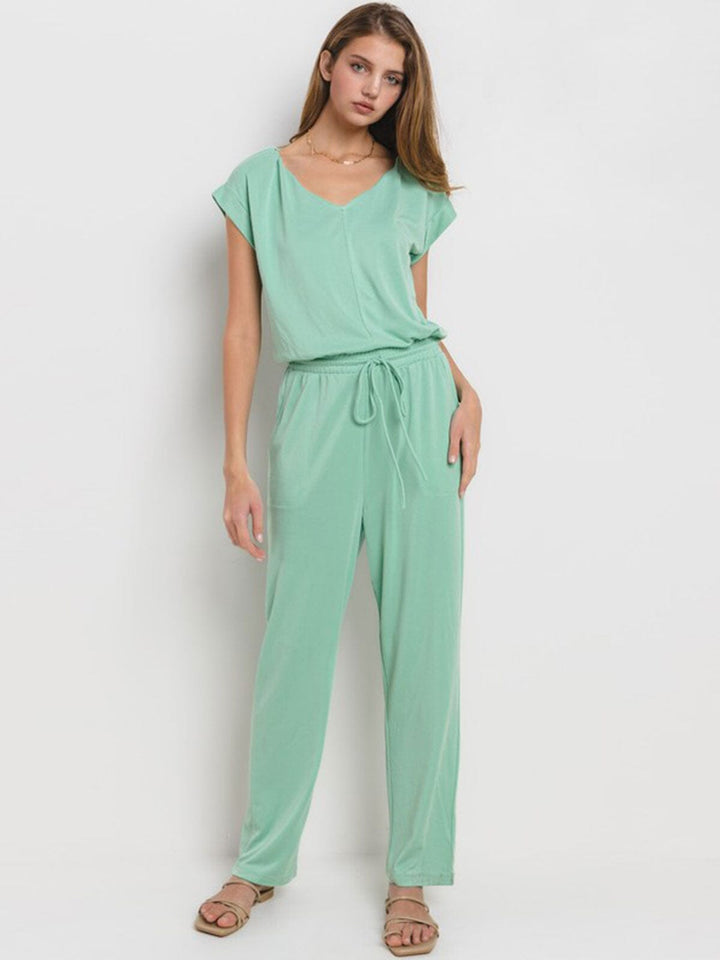 WOMEN'S SHORT SLEEVE FRONT POCKETS V-NECK ADJUSTABLE WAIST JUMPSUIT