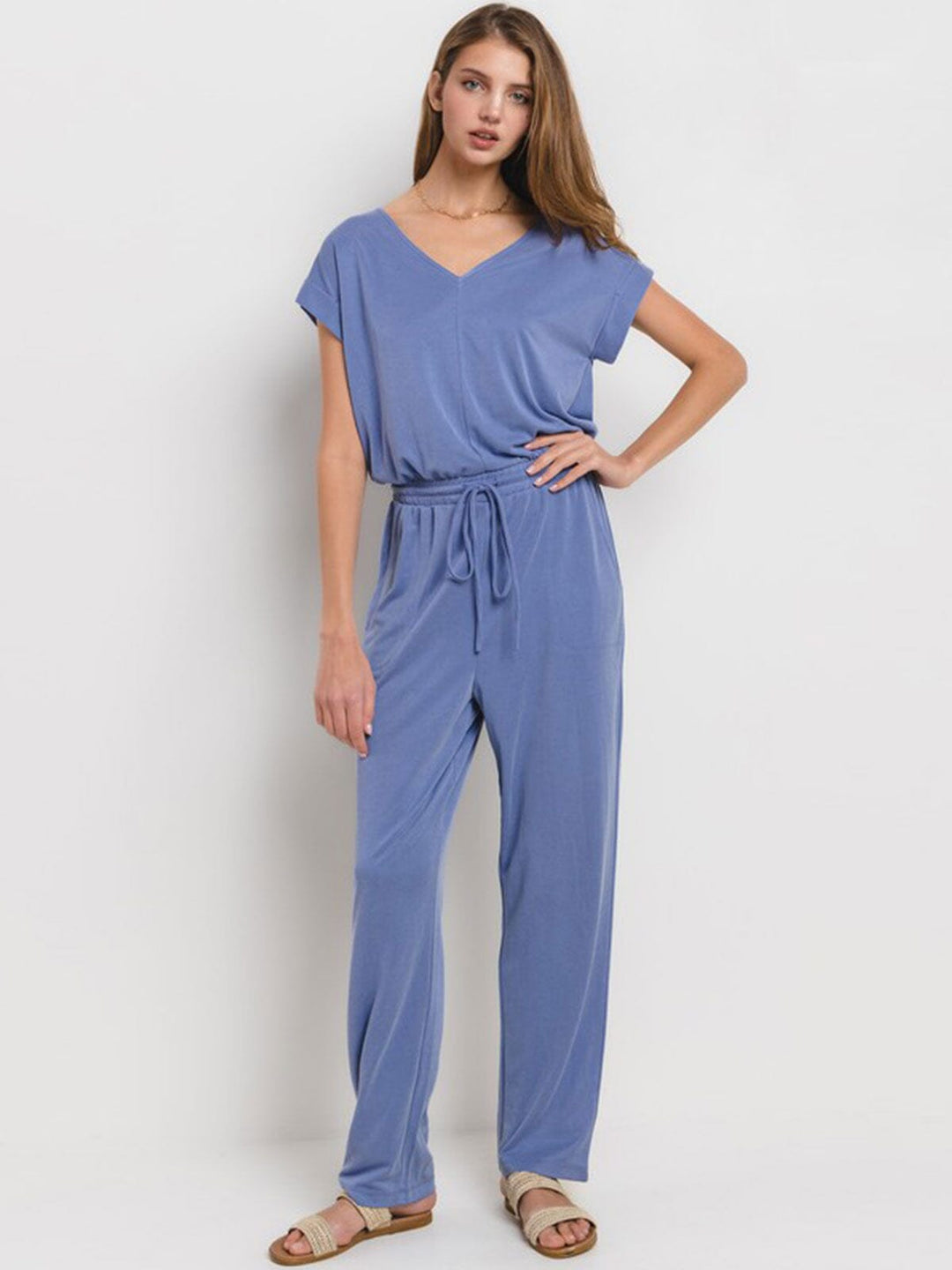 WOMEN'S SHORT SLEEVE FRONT POCKETS V-NECK ADJUSTABLE WAIST JUMPSUIT