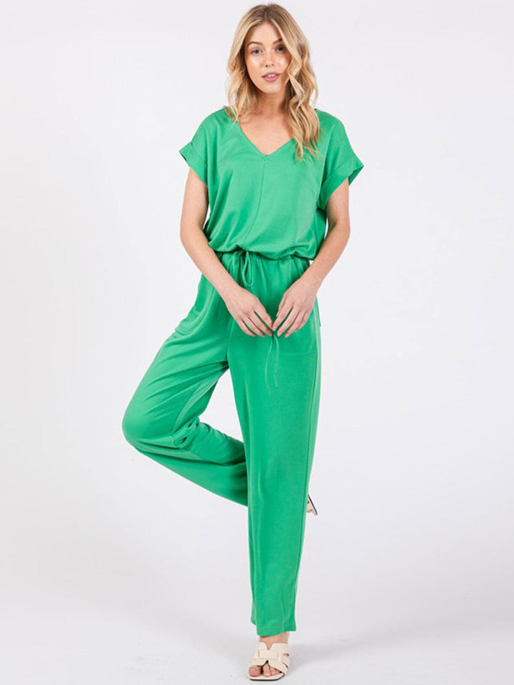 WOMEN'S SHORT SLEEVE FRONT POCKETS V-NECK ADJUSTABLE WAIST JUMPSUIT