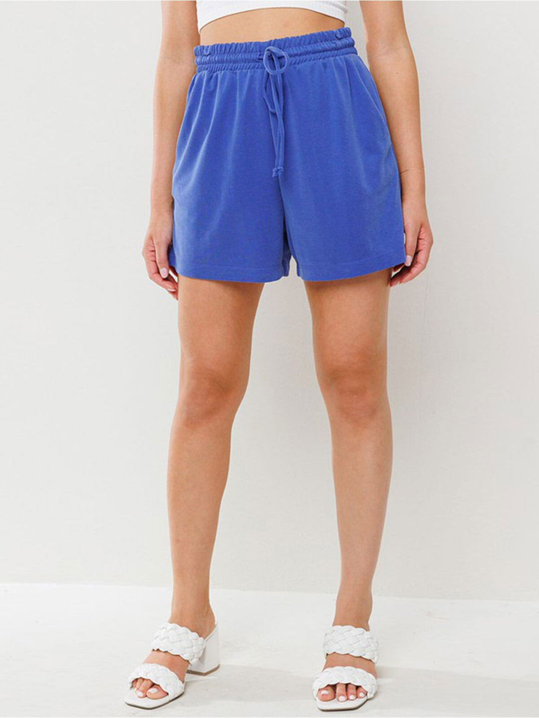 WOMEN'S ELASTIC WIST SELF TIE POCKETS MINI SHORTS