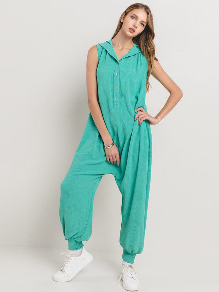 WOMEN'S SLEEVELESS V-NECK FRONT POCKETS HOODED JOGGER JUMPSUIT