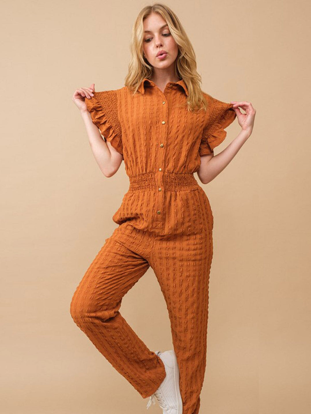 WOMEN'S SHORT RUFFLE SLEEVE ELASTIC WAIST POCKETS JUMPSUIT