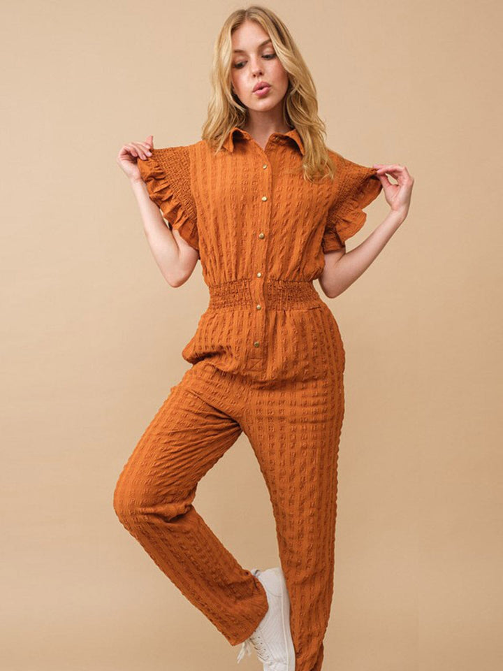 WOMEN'S SHORT RUFFLE SLEEVE ELASTIC WAIST POCKETS JUMPSUIT