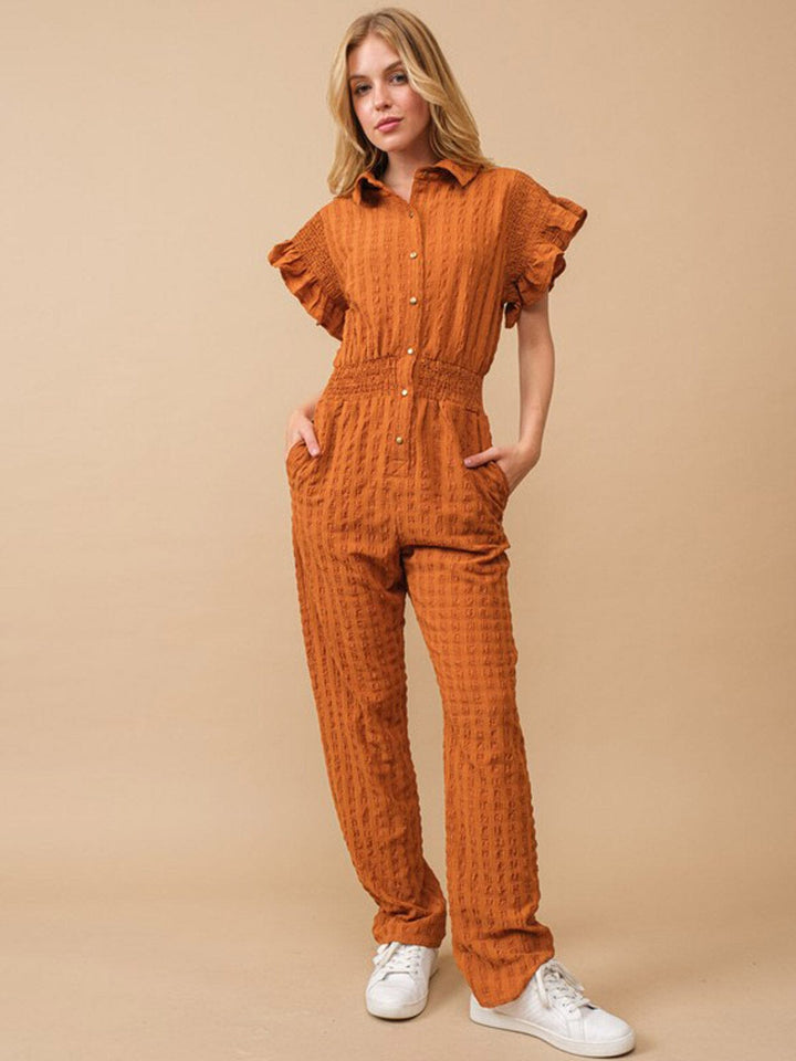WOMEN'S SHORT RUFFLE SLEEVE ELASTIC WAIST POCKETS JUMPSUIT
