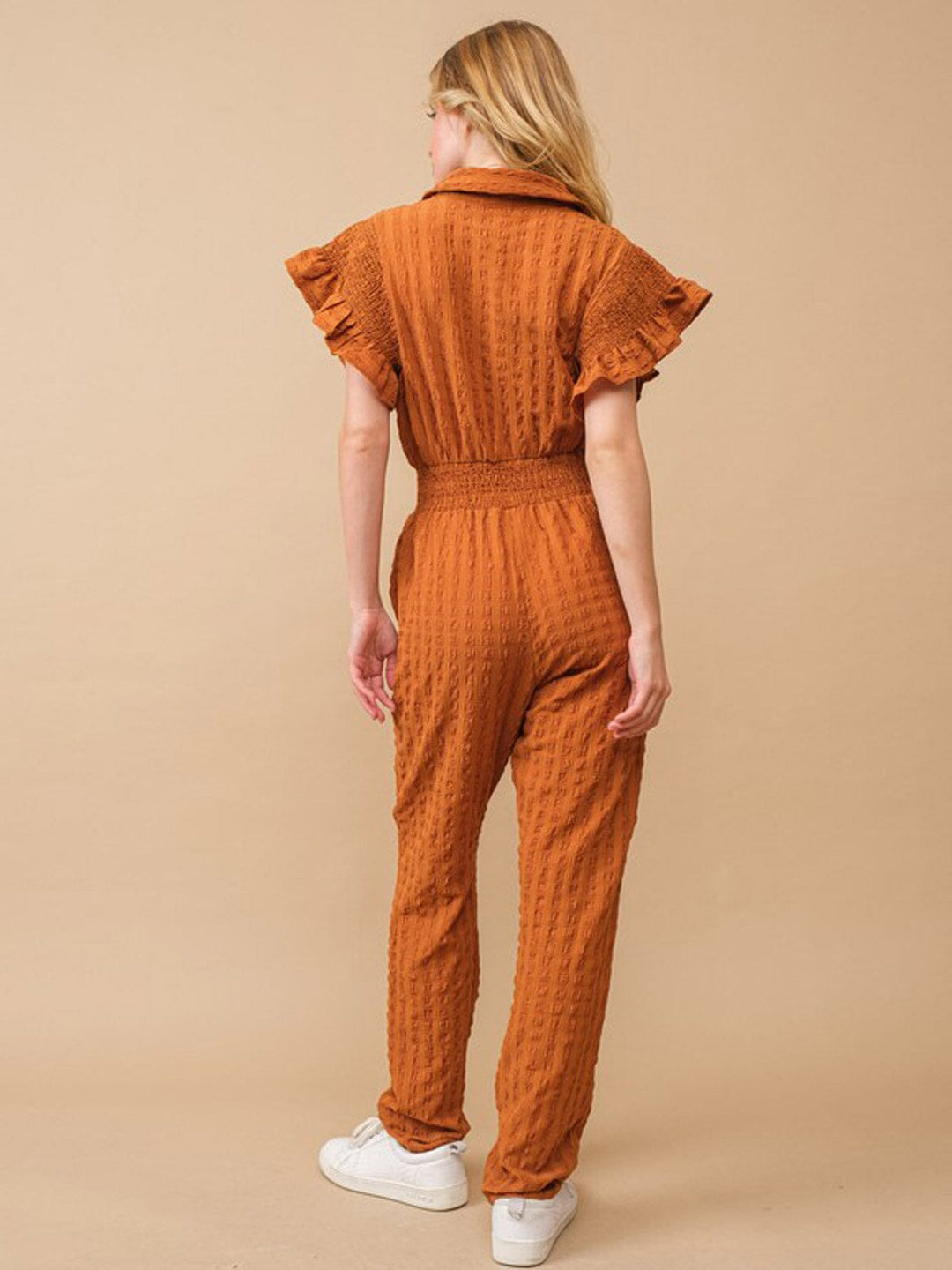 WOMEN'S SHORT RUFFLE SLEEVE ELASTIC WAIST POCKETS JUMPSUIT