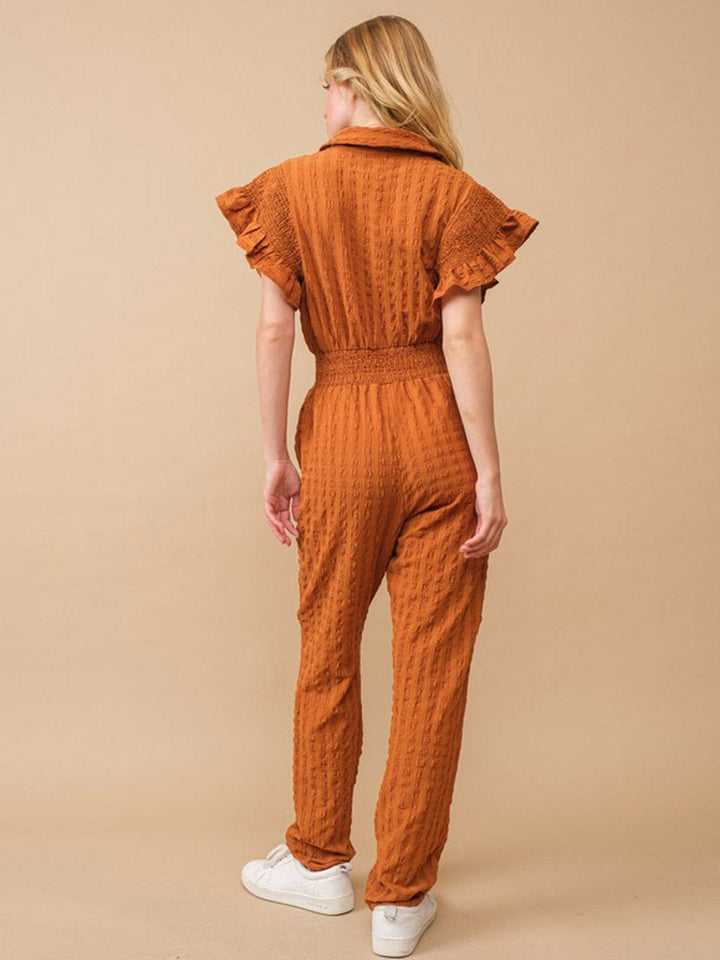 WOMEN'S SHORT RUFFLE SLEEVE ELASTIC WAIST POCKETS JUMPSUIT