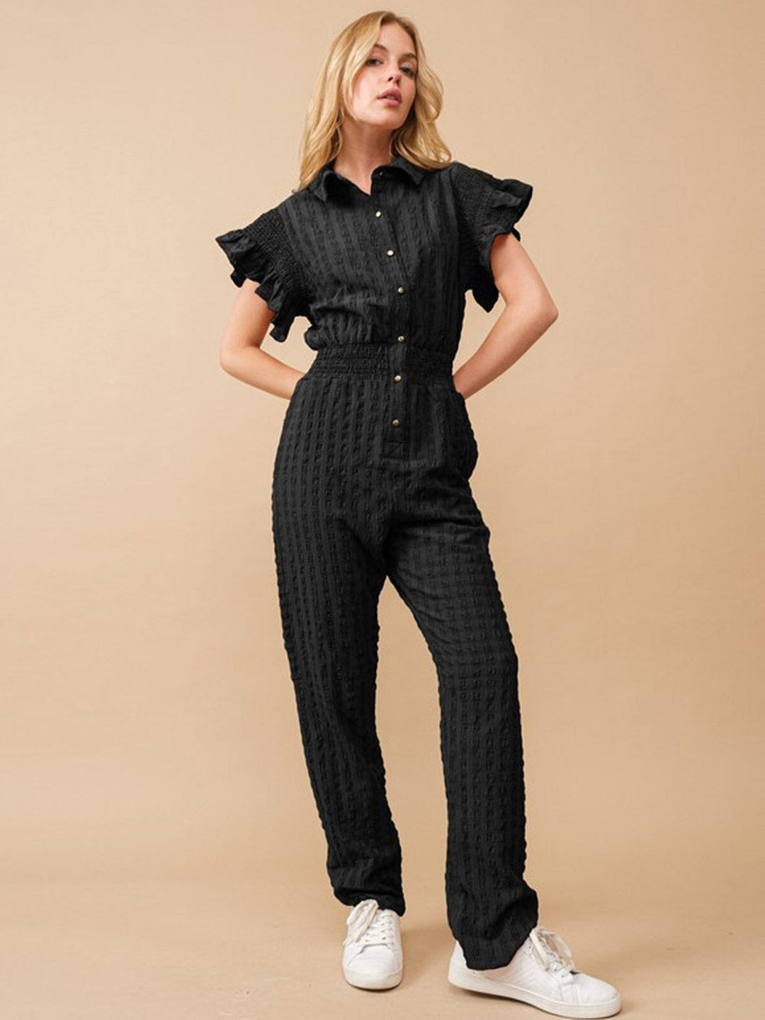WOMEN'S SHORT RUFFLE SLEEVE ELASTIC WAIST POCKETS JUMPSUIT