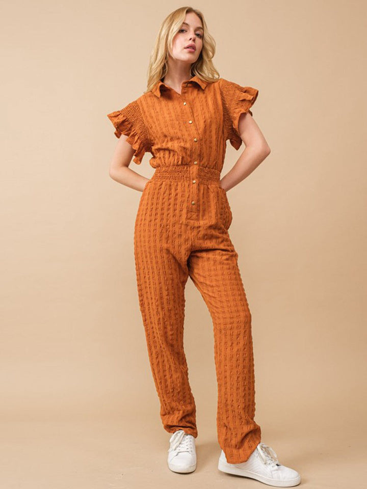 WOMEN'S SHORT RUFFLE SLEEVE ELASTIC WAIST POCKETS JUMPSUIT