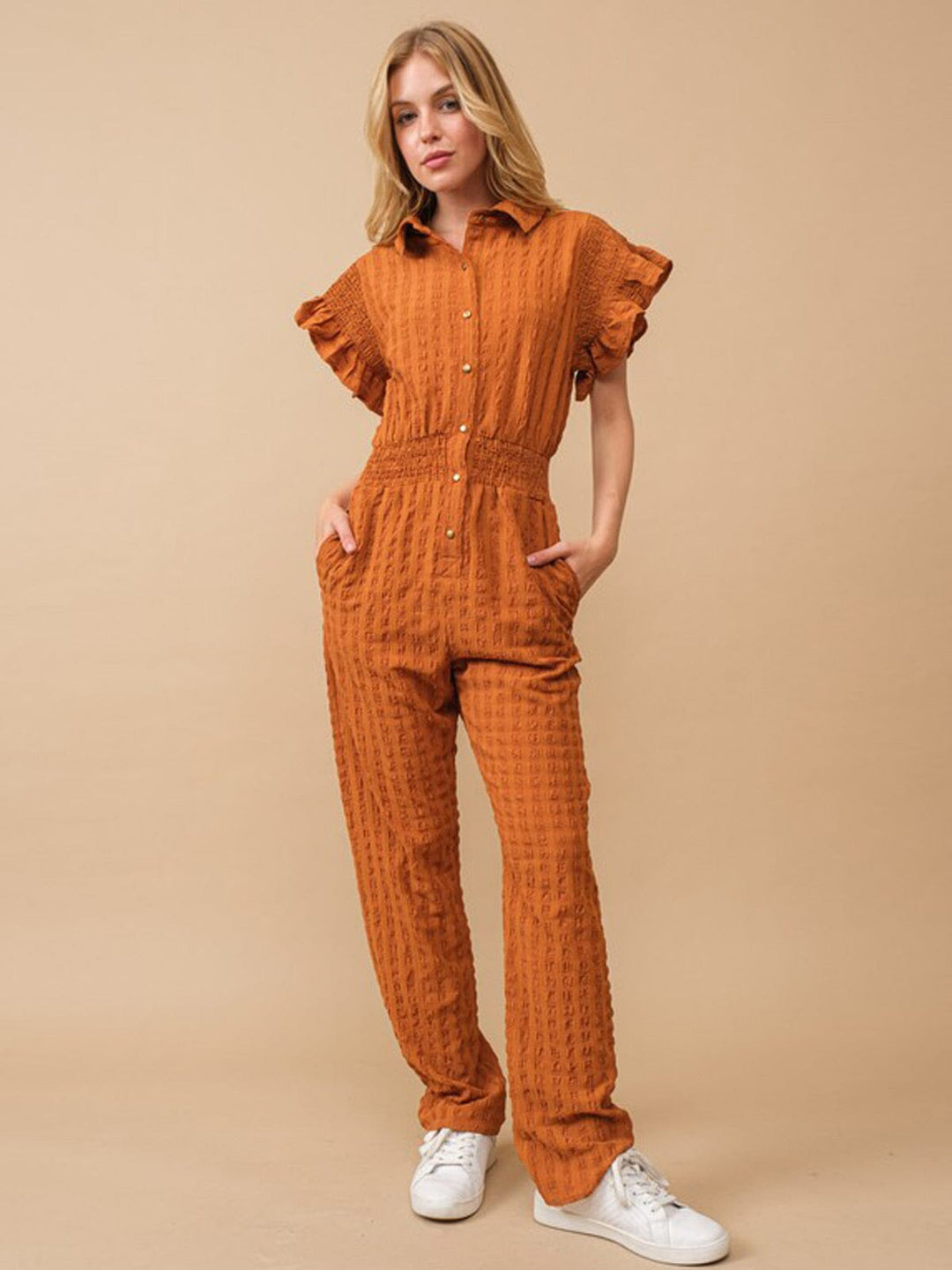 WOMEN'S SHORT RUFFLE SLEEVE ELASTIC WAIST POCKETS JUMPSUIT