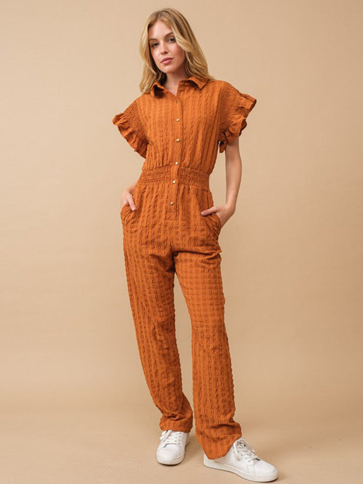WOMEN'S SHORT RUFFLE SLEEVE ELASTIC WAIST POCKETS JUMPSUIT