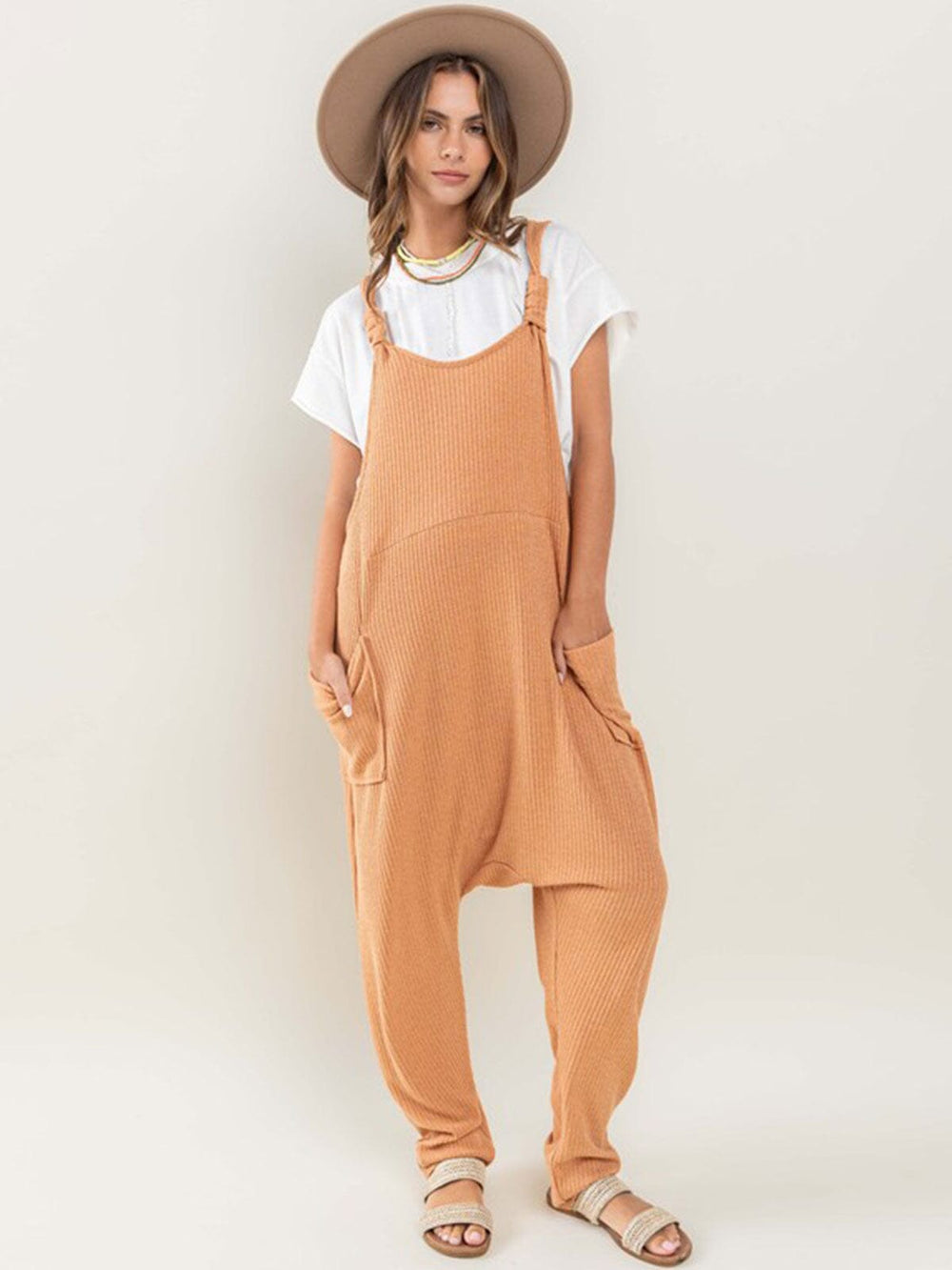 WOMEN'S SLEEVELESS FRONT POCKET STRAIGHT LEG WAFFLE JUMPSUIT