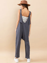 WOMEN'S SLEEVELESS FRONT V-NECK POCKET STRAIGHT LEG RIBBED JUMPSUIT