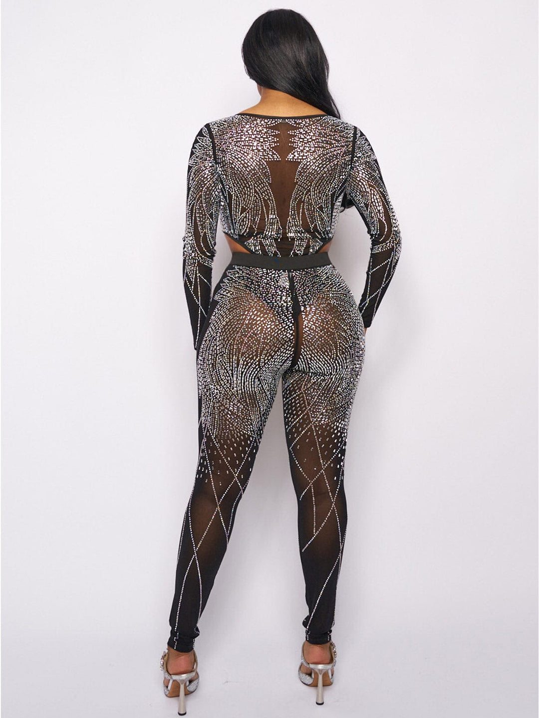 WOMEN'S LONG SLEEVE BODYSUIT & ELASTIC WAIST PANTS MESH STUDS 2PC. SET