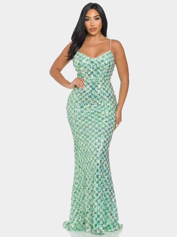 WOMEN'S SLEEVELESS V-NECK BODYCON SEQUINS GOWN MAXI DRESS