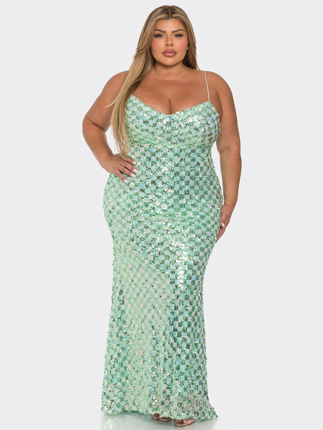 PLUS SIZE SLEEVELESS V-NECK BODYCON SEQUINS GOWN MAXI DRESS