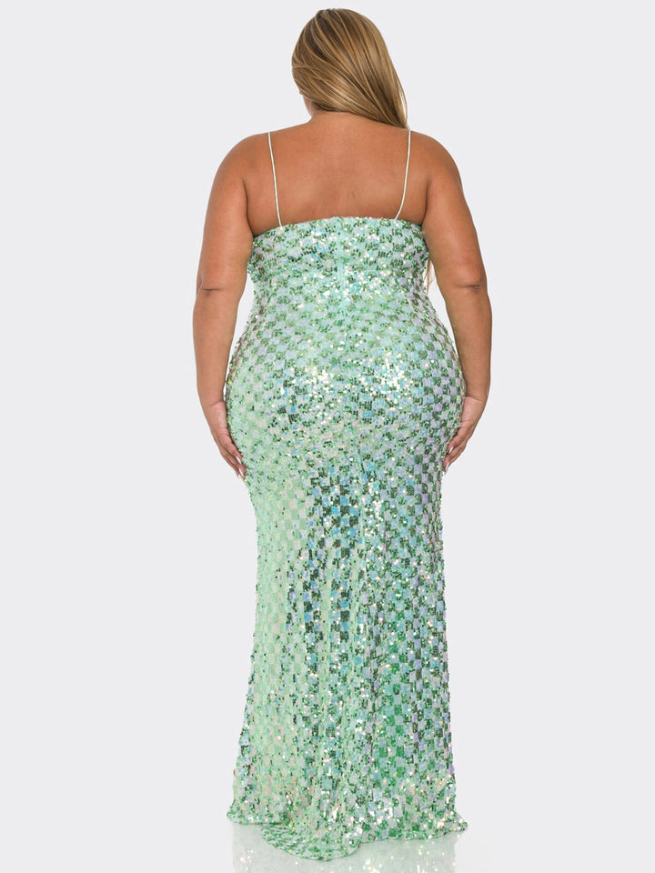 PLUS SIZE SLEEVELESS V-NECK BODYCON SEQUINS GOWN MAXI DRESS