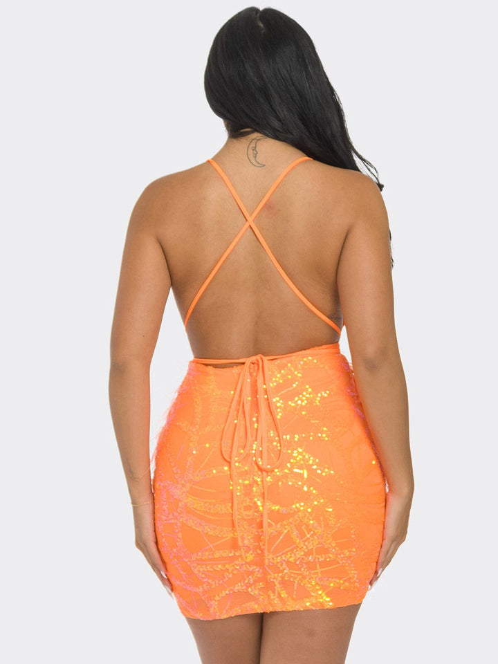 WOMEN'S SLEEVELESS V-NECK OPEN BACK BODYCON SEQUINS MINI DRESS