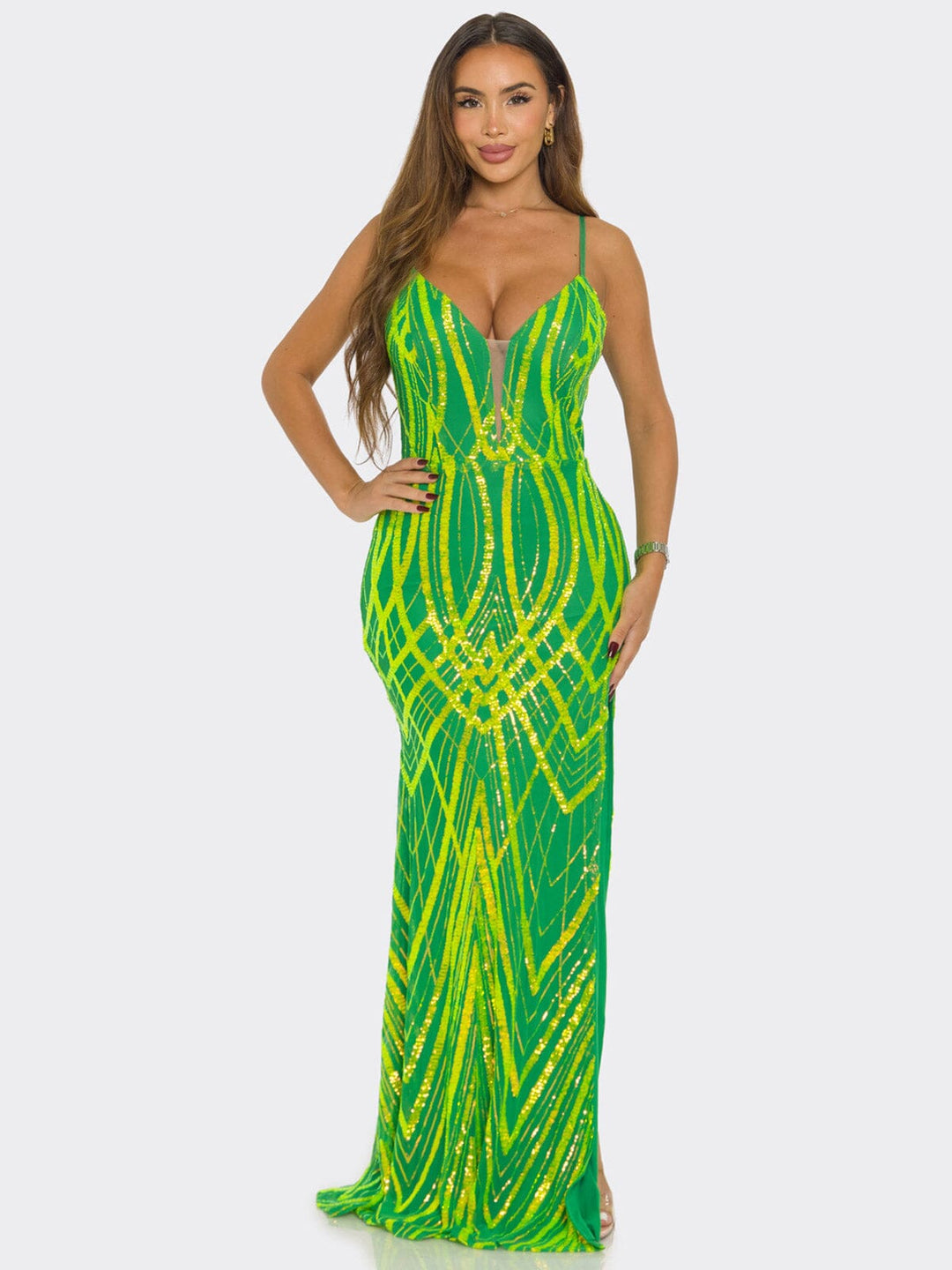 WOMEN'S SLEEVELESS V-NECK BODYCON SEQUINS GOWN MAXI DRESS