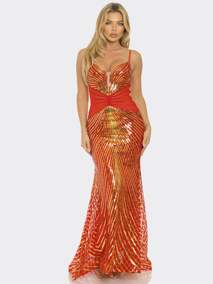 WOMEN'S SLEEVELESS V-NECK BODYCON SEQUINS GOWN MAXI DRESS