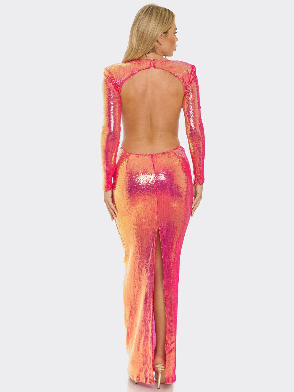 WOMEN'S LONG SLEEVE OPEN BACK CUT OUT BODYCON SEQUINS MAXI DRESS