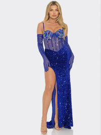 WOMEN'S SLEEVELESS V-NECK SIDE SLIT BODYCON SEQUINS MAXI DRESS