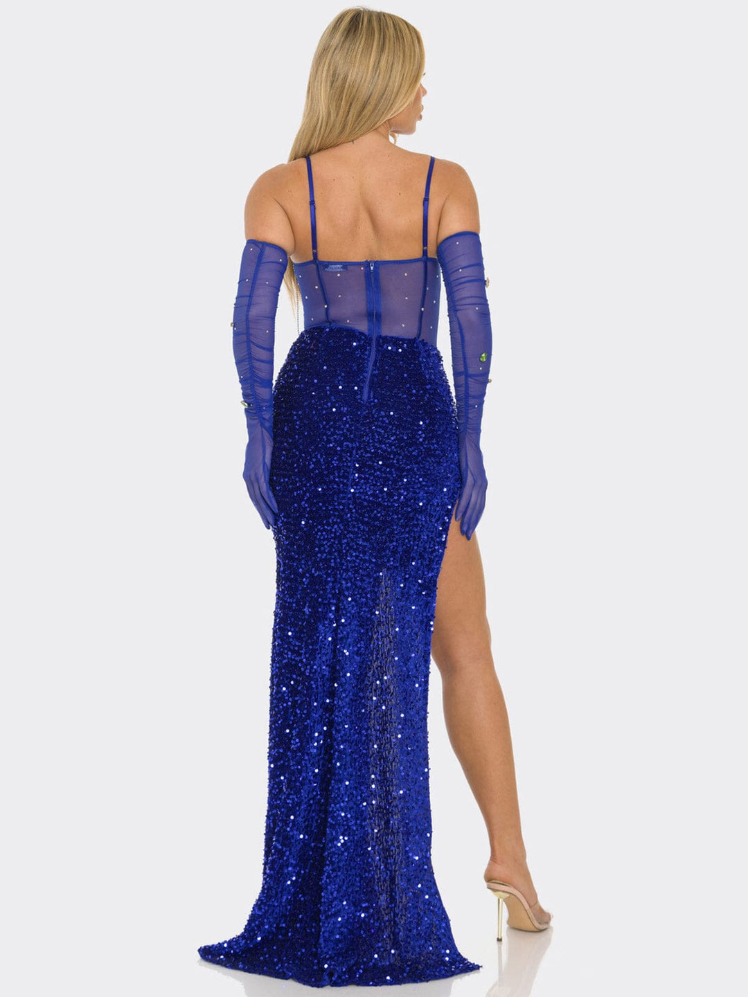 WOMEN'S SLEEVELESS V-NECK SIDE SLIT BODYCON SEQUINS MAXI DRESS