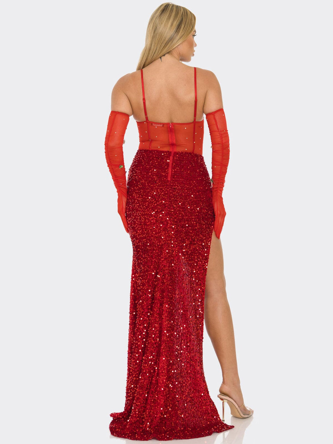 WOMEN'S SLEEVELESS V-NECK SIDE SLIT BODYCON SEQUINS MAXI DRESS