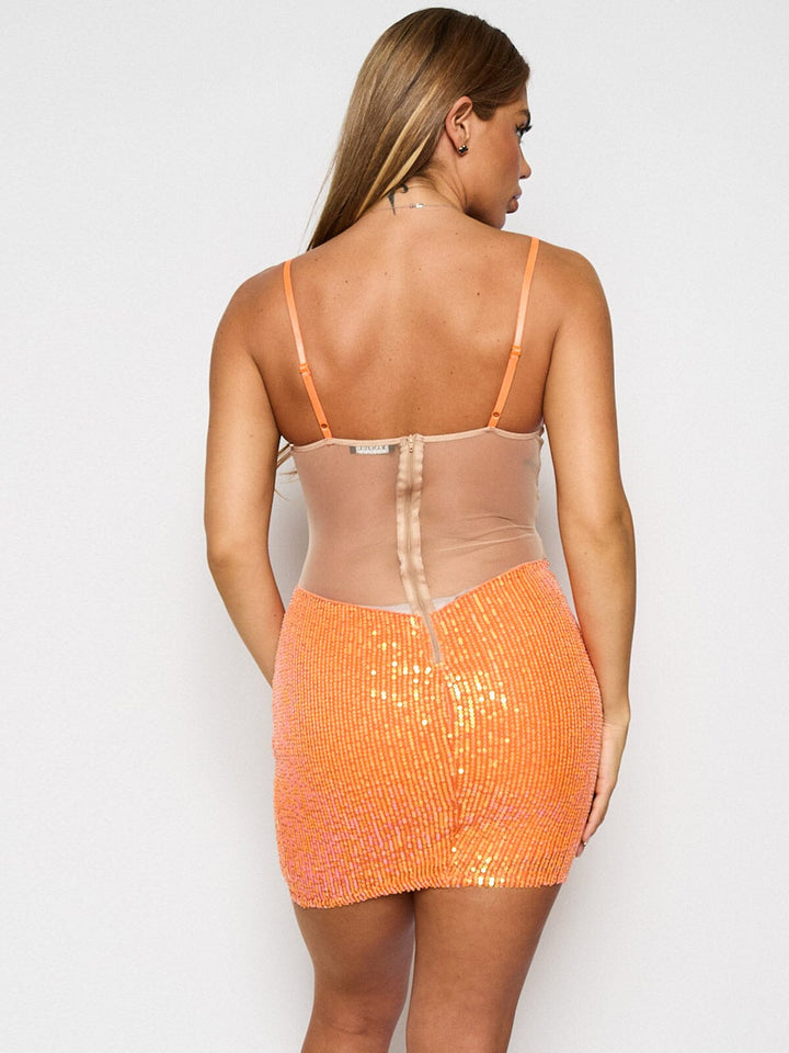 WOMEN'S SLEEVELESS MESH OPEN BACK BODYCON SEQUINS MINI DRESS