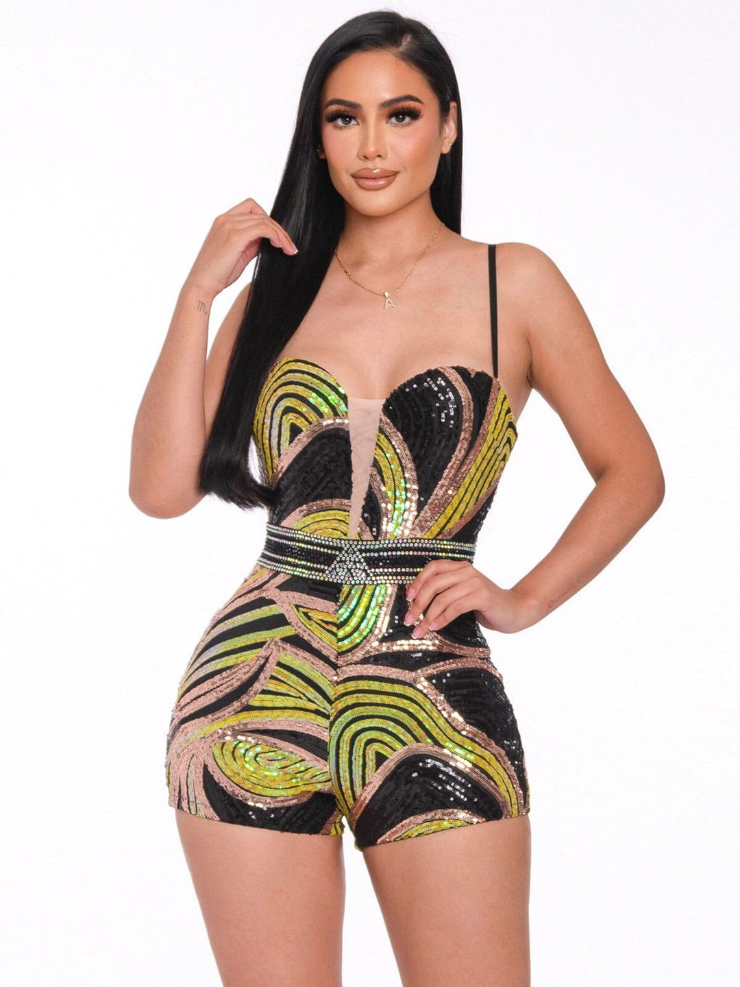WOMEN'S SLEEVELESS MULTI PRINT SEQUINS ROMPER