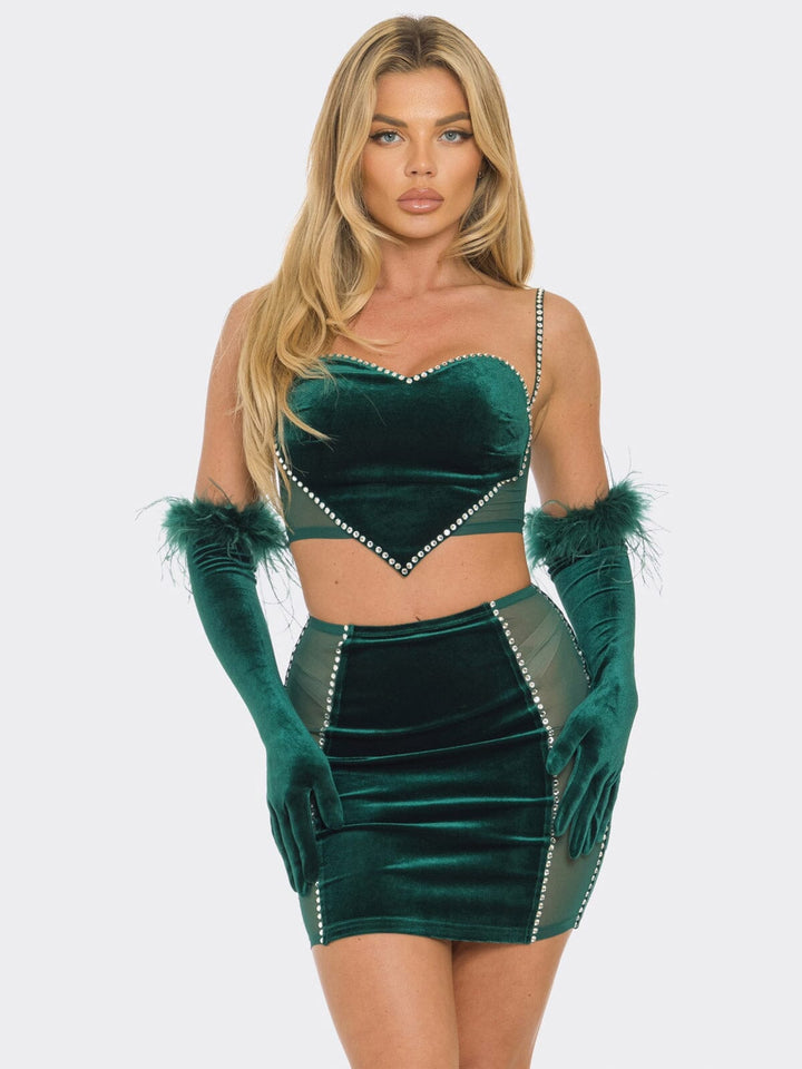 WOMEN'S SLEEVELESS CROP TOP WITH GLOVES & MINI VELVET 3PC. SET