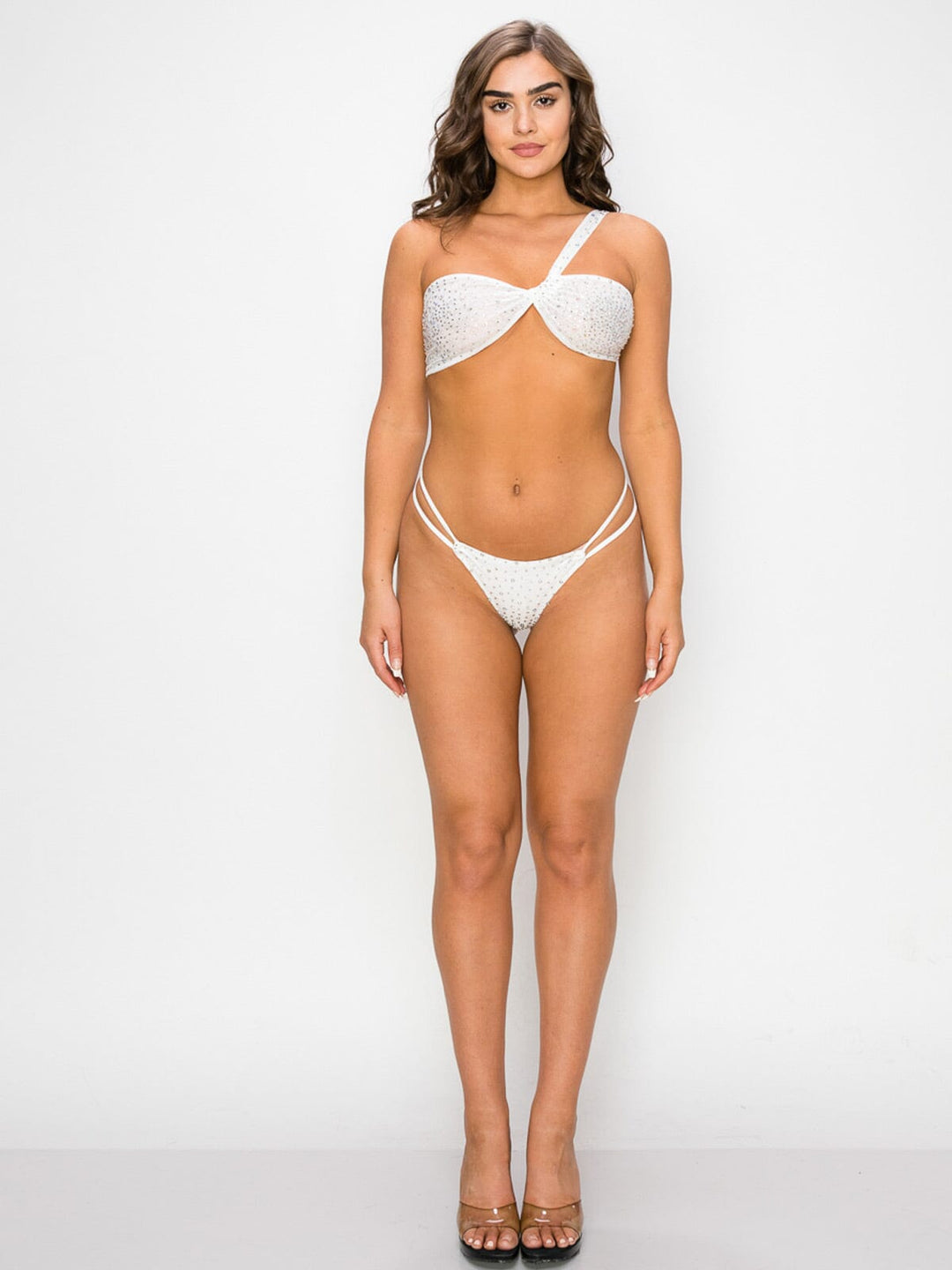 WOMEN'S ONE SHOULDER TWO PIECE RHIMESTONES BATHING SUIT