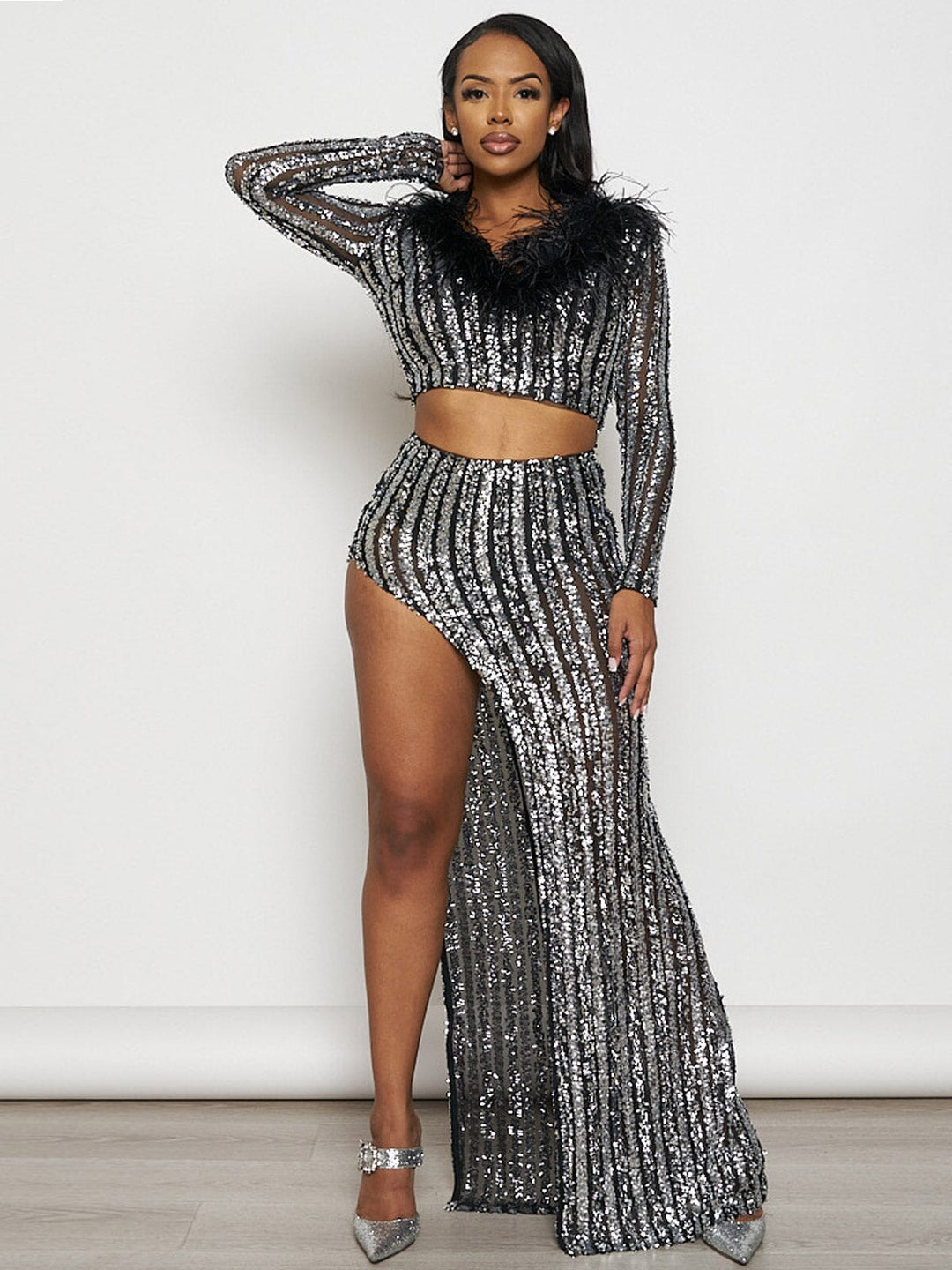 WOMEN'S LONG SLEEVE CROP TOP & ZIP UP MAXI SKIRT FEATHER SEQUINS 2PC. SET