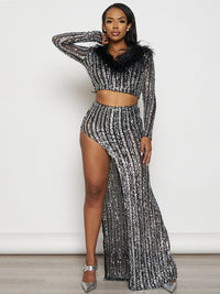 WOMEN'S LONG SLEEVE CROP TOP & ZIP UP MAXI SKIRT FEATHER SEQUINS 2PC. SET