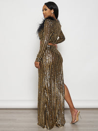 WOMEN'S LONG SLEEVE CROP TOP & ZIP UP MAXI SKIRT FEATHER SEQUINS 2PC. SET