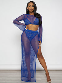 WOMEN'S LONG SLEEVE CROP TOP WITH BRALETTE & ELASTIC WAIST MAXI SKIRT STUDS FISH NET 3PC. SET