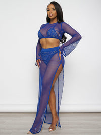 WOMEN'S LONG SLEEVE CROP TOP WITH BRALETTE & ELASTIC WAIST MAXI SKIRT STUDS FISH NET 3PC. SET