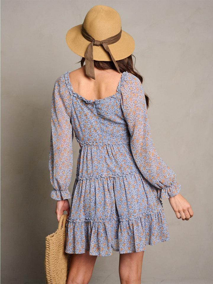 WOMEN'S LONG SLEEVE CUT OUT TIERED FLORAL MINI DRESS