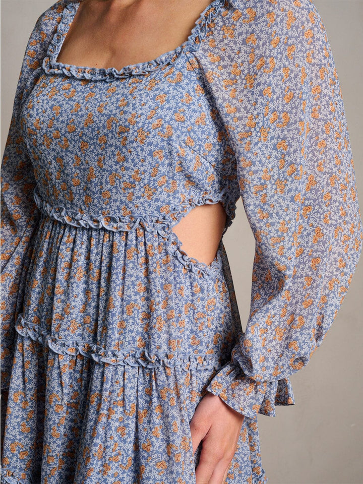 WOMEN'S LONG SLEEVE CUT OUT TIERED FLORAL MINI DRESS