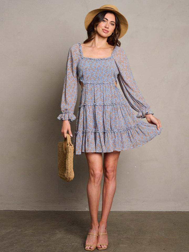 WOMEN'S LONG SLEEVE CUT OUT TIERED FLORAL MINI DRESS