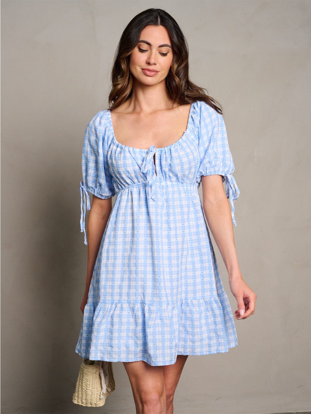 WOMEN'S SHORT SLEEVE POCKETS ELASTIC WAIST PLAID MINI DRESS