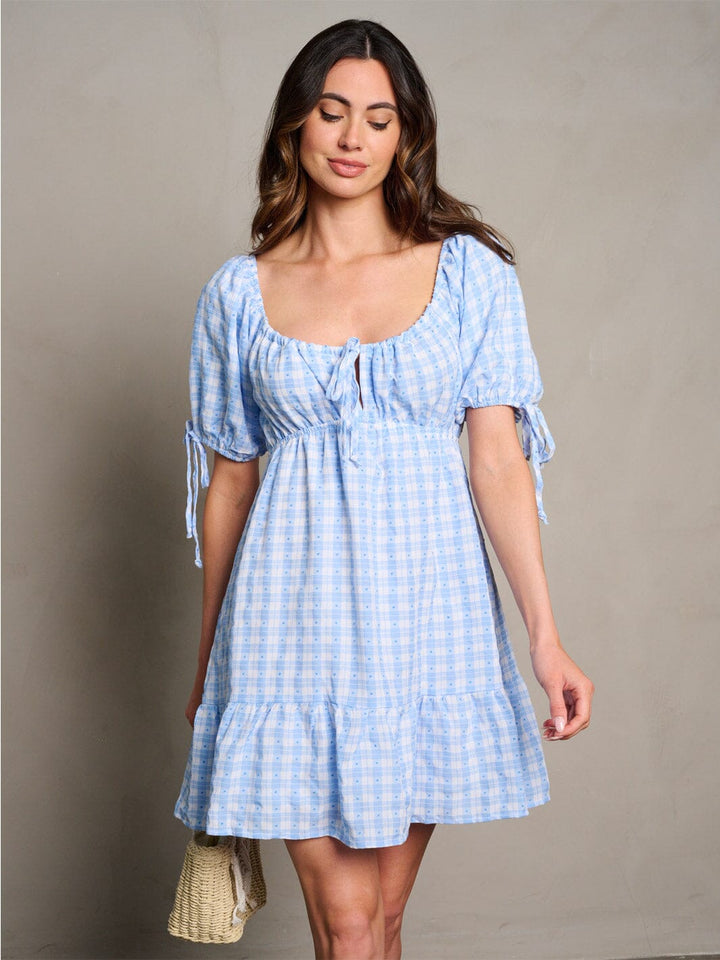 WOMEN'S SHORT SLEEVE POCKETS ELASTIC WAIST PLAID MINI DRESS