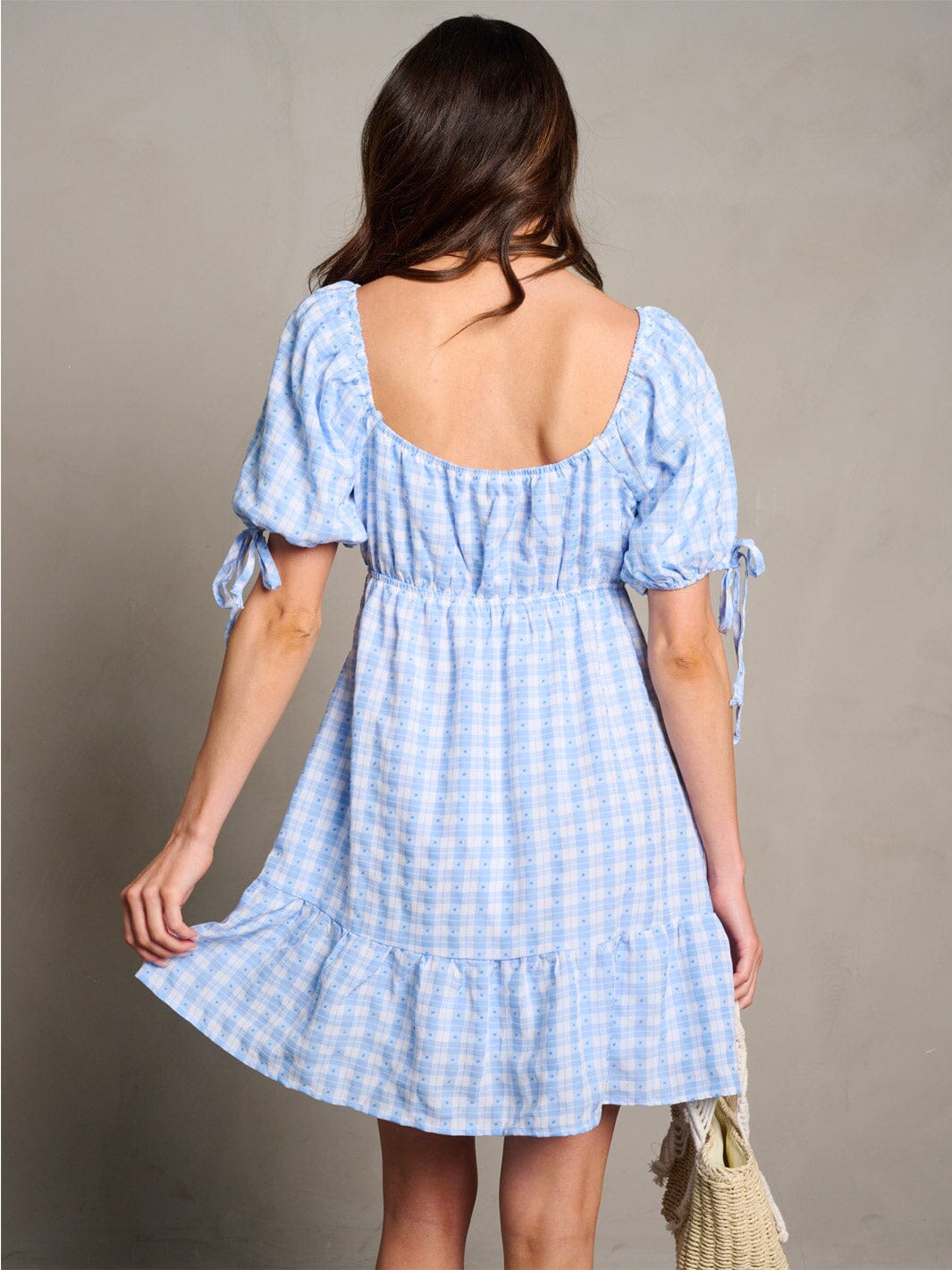 WOMEN'S SHORT SLEEVE POCKETS ELASTIC WAIST PLAID MINI DRESS