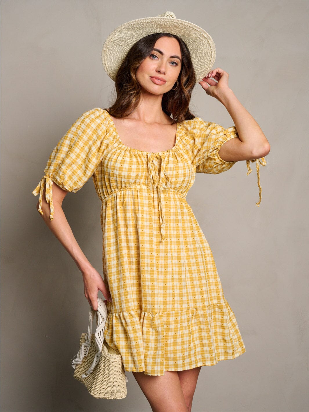 WOMEN'S SHORT SLEEVE POCKETS ELASTIC WAIST PLAID MINI DRESS