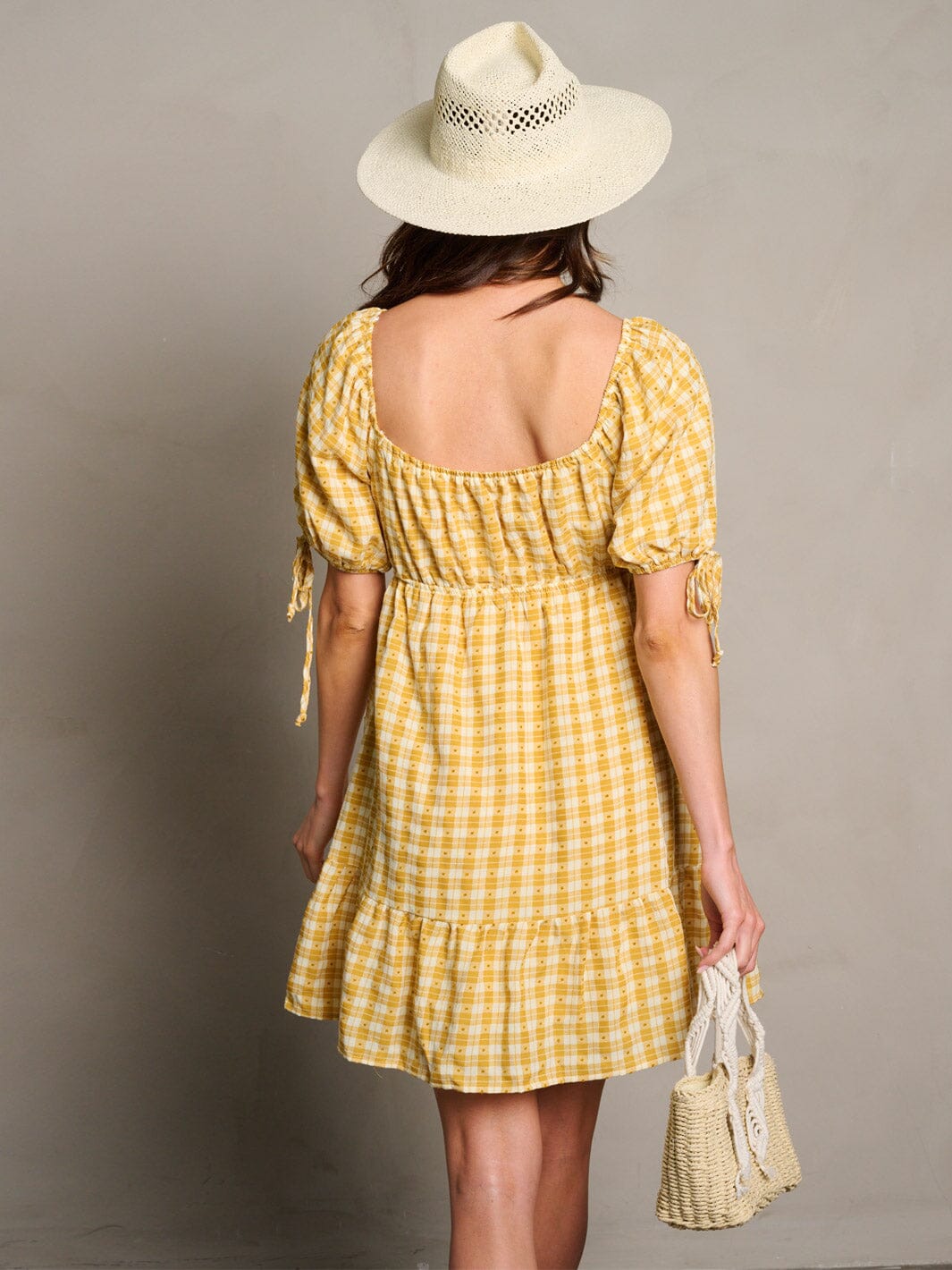 WOMEN'S SHORT SLEEVE POCKETS ELASTIC WAIST PLAID MINI DRESS
