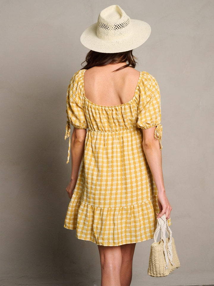 WOMEN'S SHORT SLEEVE POCKETS ELASTIC WAIST PLAID MINI DRESS