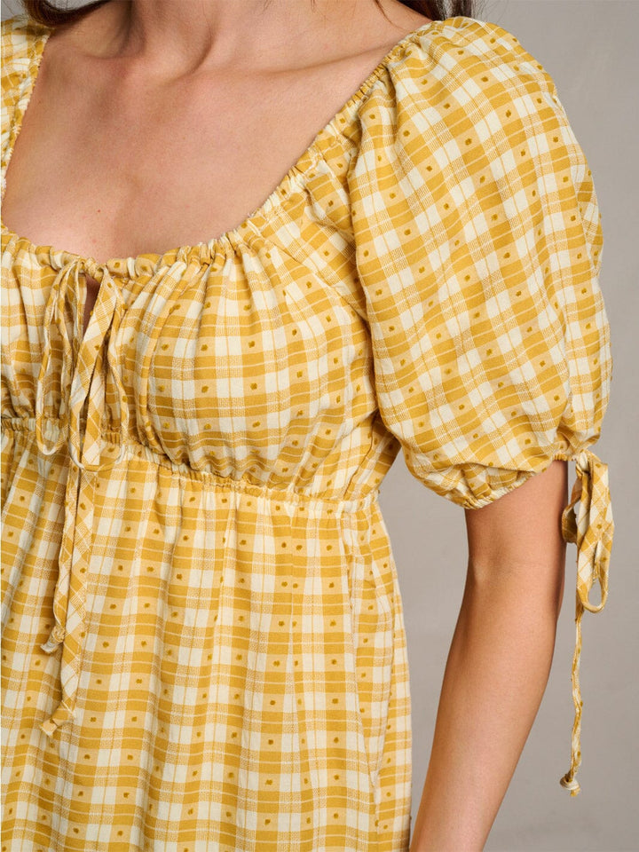WOMEN'S SHORT SLEEVE POCKETS ELASTIC WAIST PLAID MINI DRESS