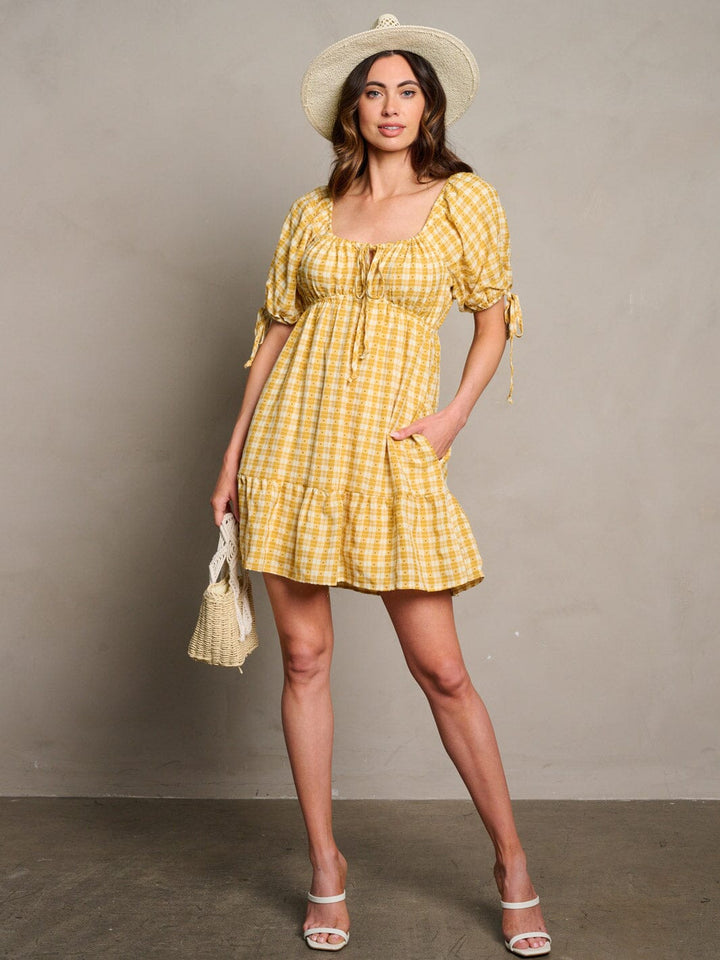 WOMEN'S SHORT SLEEVE POCKETS ELASTIC WAIST PLAID MINI DRESS