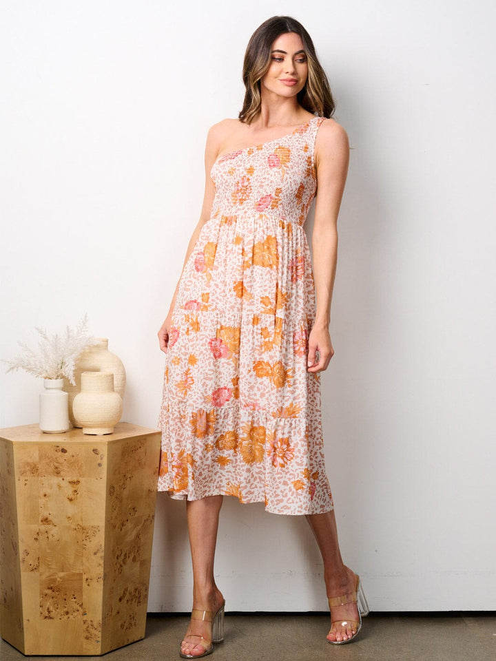 WOMEN'S ONE SHOULDER SMOCK TIERED FLORAL MIDI DRESS