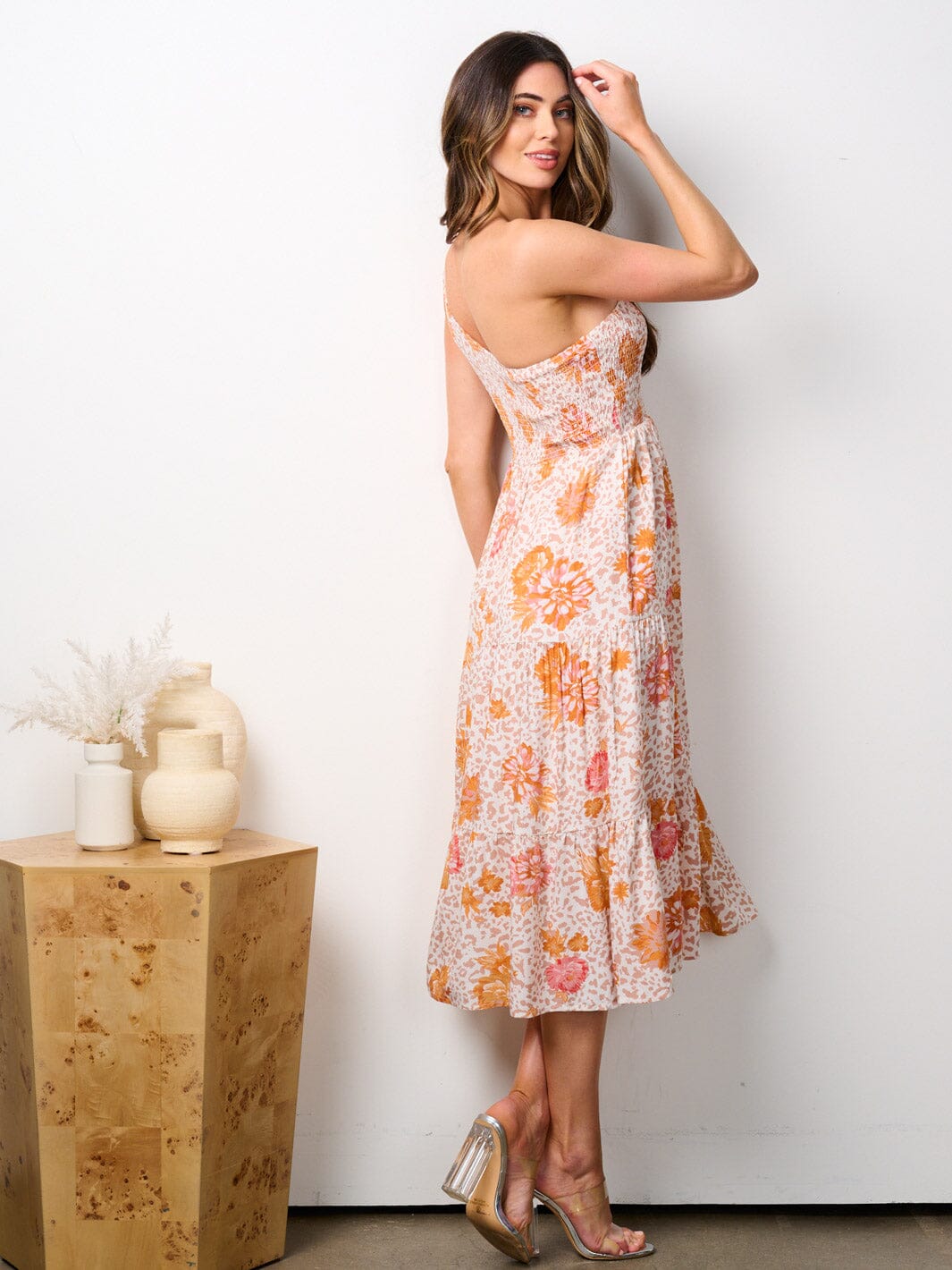 WOMEN'S ONE SHOULDER SMOCK TIERED FLORAL MIDI DRESS