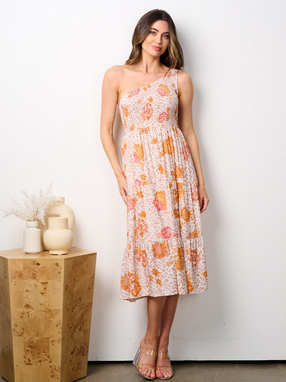 WOMEN'S ONE SHOULDER SMOCK TIERED FLORAL MIDI DRESS